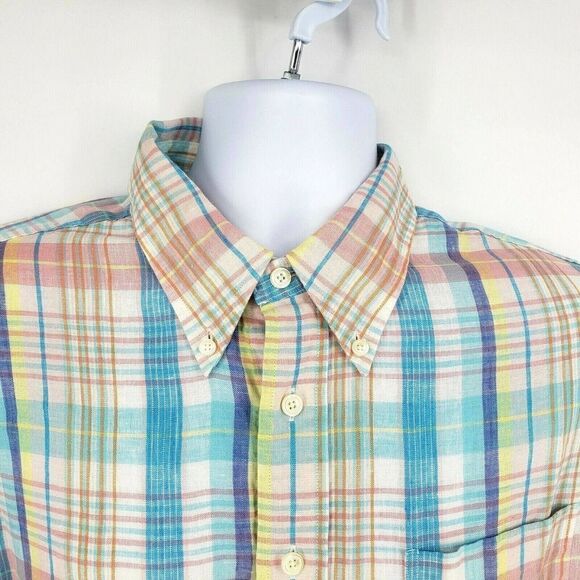 Brooks Brothers Irish Linen Button Up Shirt Mens XL Blue Pink Beach Wedding Vtg - Picture 3 of 12